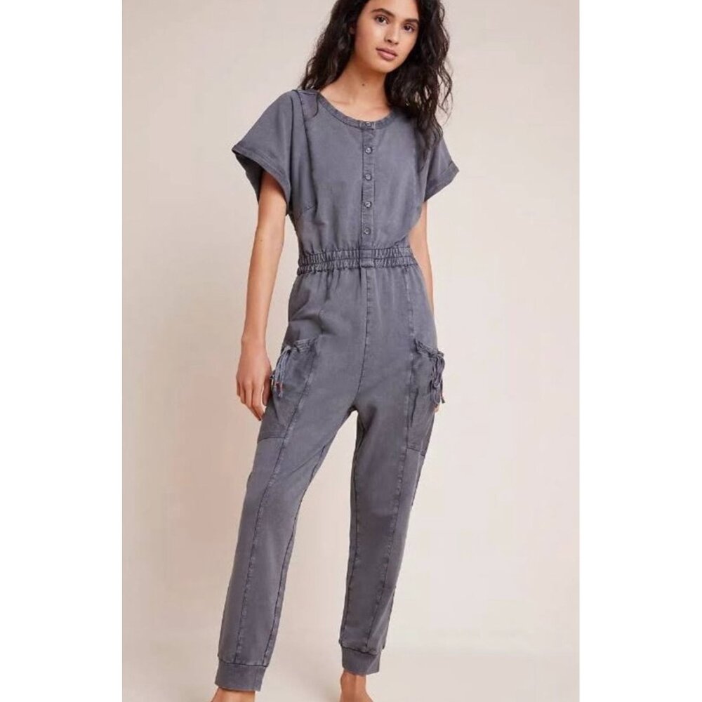 Anthropologie Romper Grey  Jumpsuit Womens Short Sleeve Sz LG